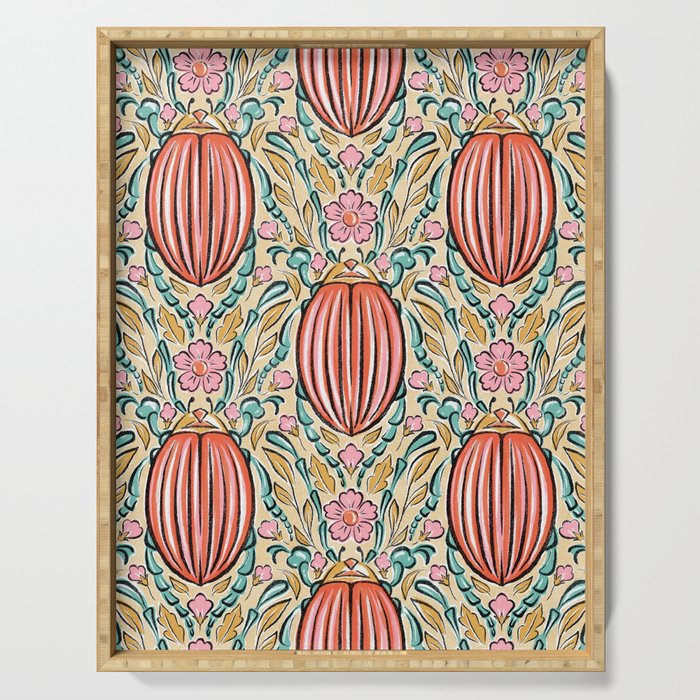 Retro Floral Beetle - pink red gold and teal Serving Tray Gallery Image 1
