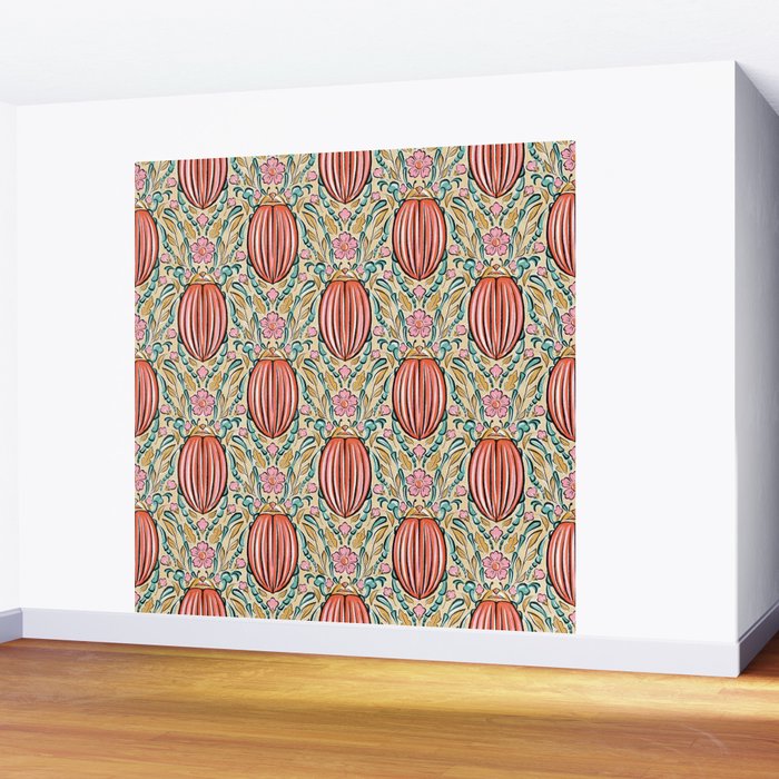 Retro Floral Beetle - pink red gold and teal Wall Mural Gallery Image 2