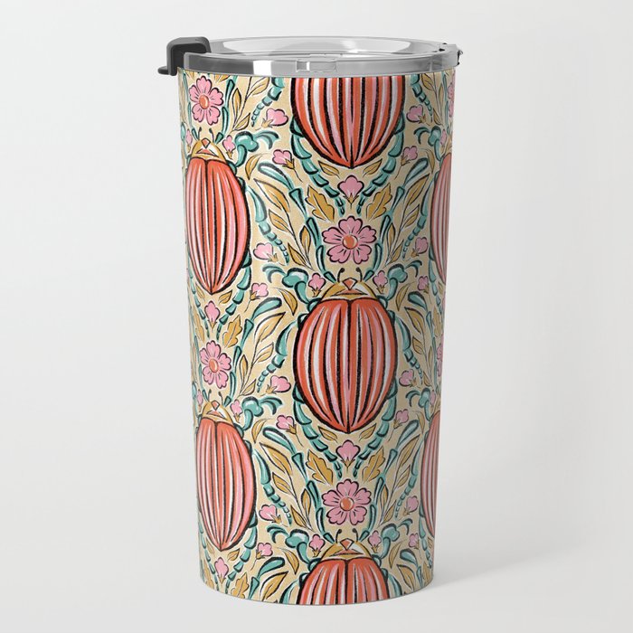Retro Floral Beetle - pink red gold and teal Travel Mug Gallery Image 3
