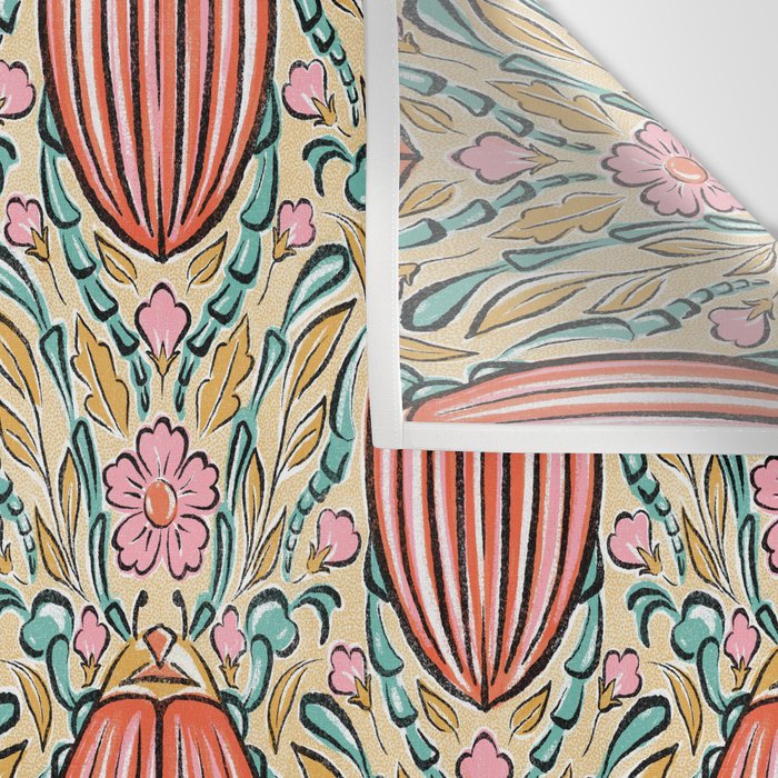Retro Floral Beetle - pink red gold and teal Wall Tapestry Gallery Image 3