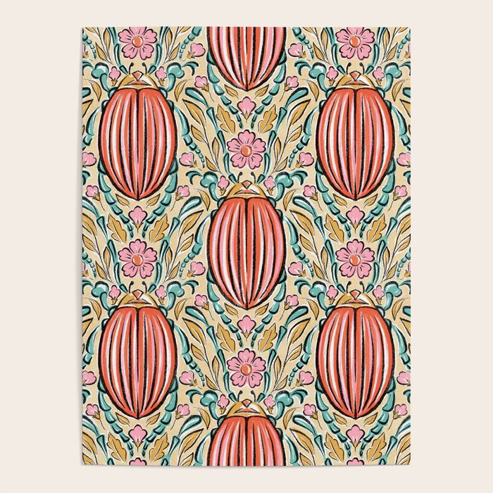 Retro Floral Beetle - pink red gold and teal Poster Gallery Image 1