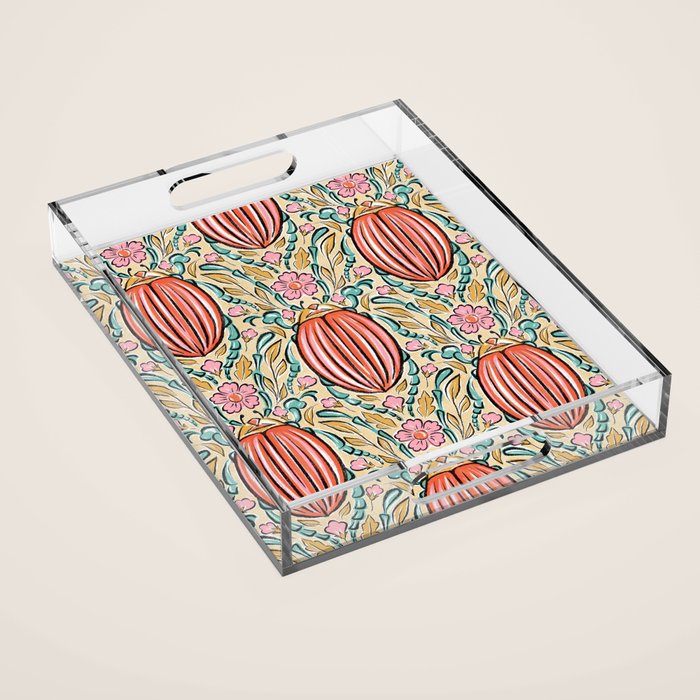 Retro Floral Beetle - pink red gold and teal Acrylic Tray Gallery Image 1