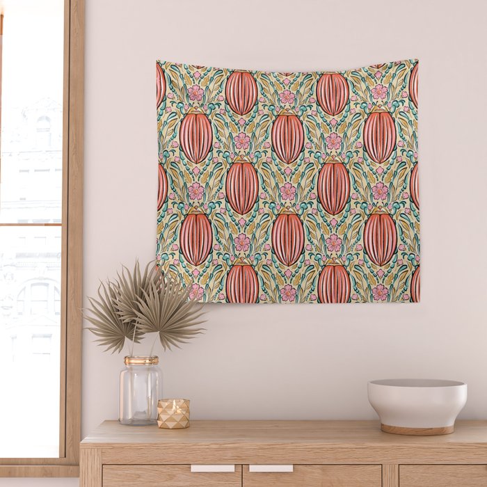 Retro Floral Beetle - pink red gold and teal Wall Tapestry Gallery Image 2