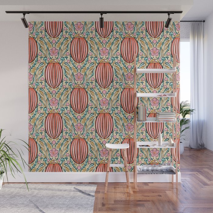 Retro Floral Beetle - pink red gold and teal Wall Mural Gallery Image 1