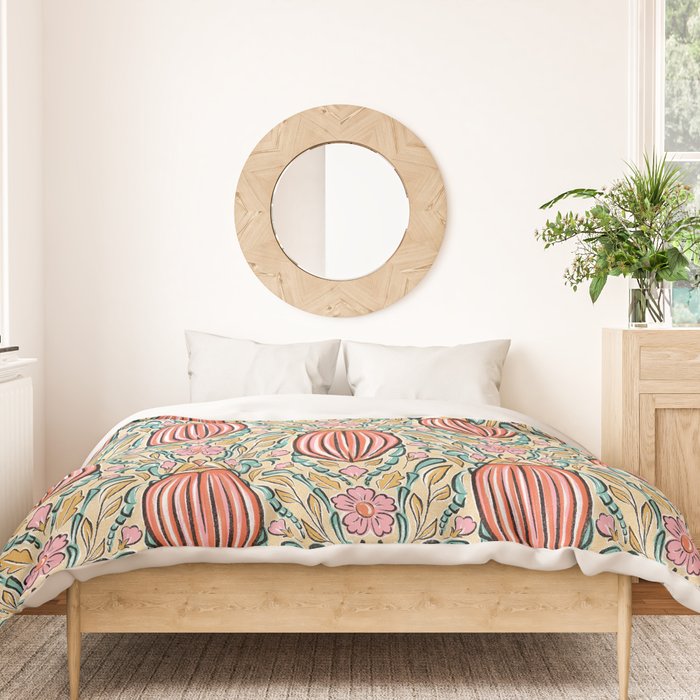 Retro Floral Beetle - pink red gold and teal Duvet Cover Gallery Image 3