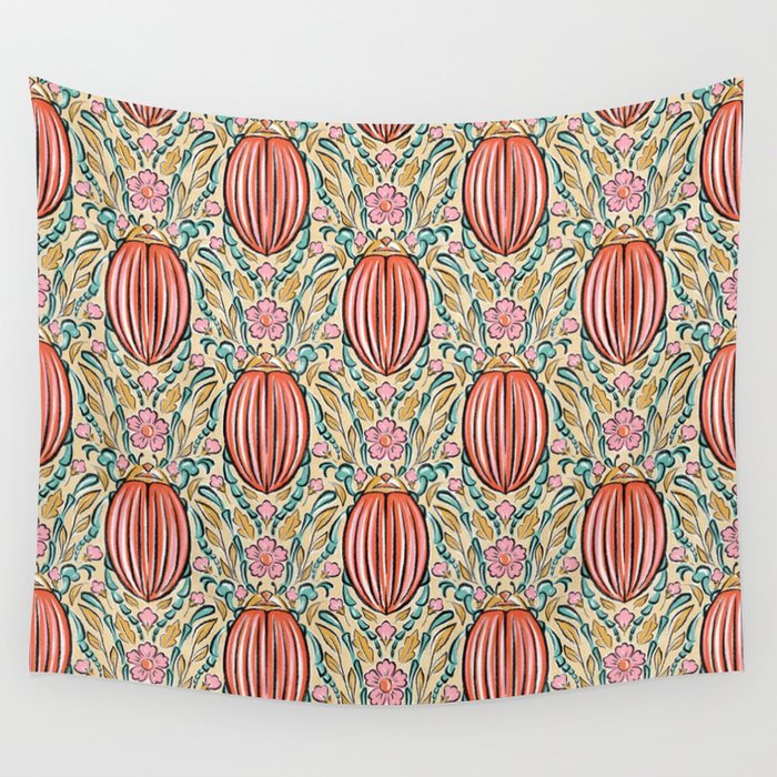 Retro Floral Beetle - pink red gold and teal Wall Tapestry Gallery Image 4