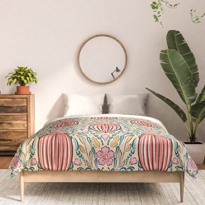 Retro Floral Beetle - pink red gold and teal Comforter Gallery Image 3