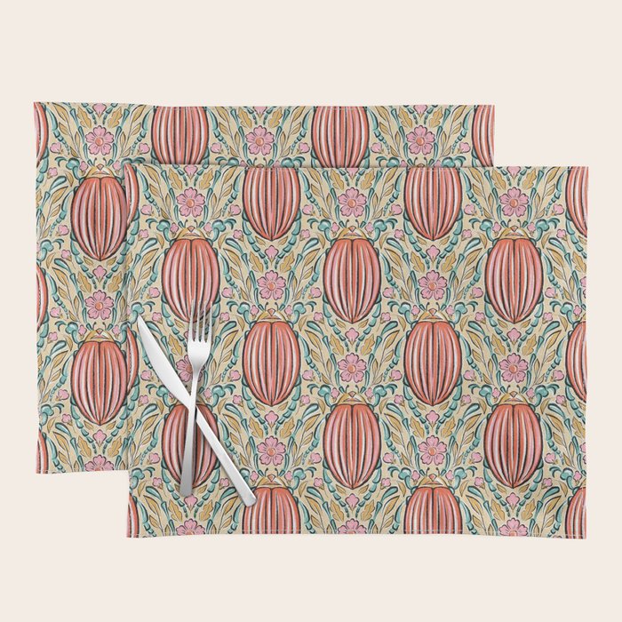 Retro Floral Beetle - pink red gold and teal Placemat Gallery Image 1