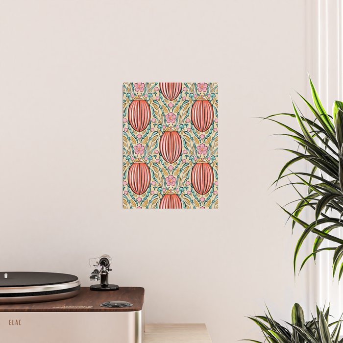 Retro Floral Beetle - pink red gold and teal Poster Gallery Image 2
