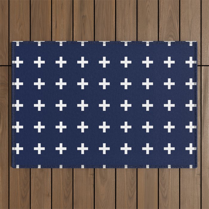 Navy Blue Swiss Cross Minimalist Line Drawing Outdoor Rug Gallery Image 1