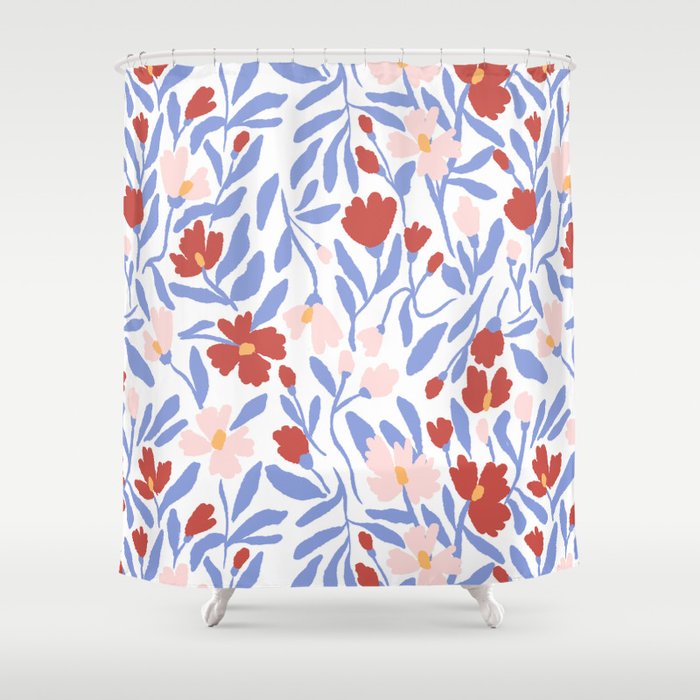 Blue and Orange vibrant bold flowers Shower Curtain Gallery Image 1