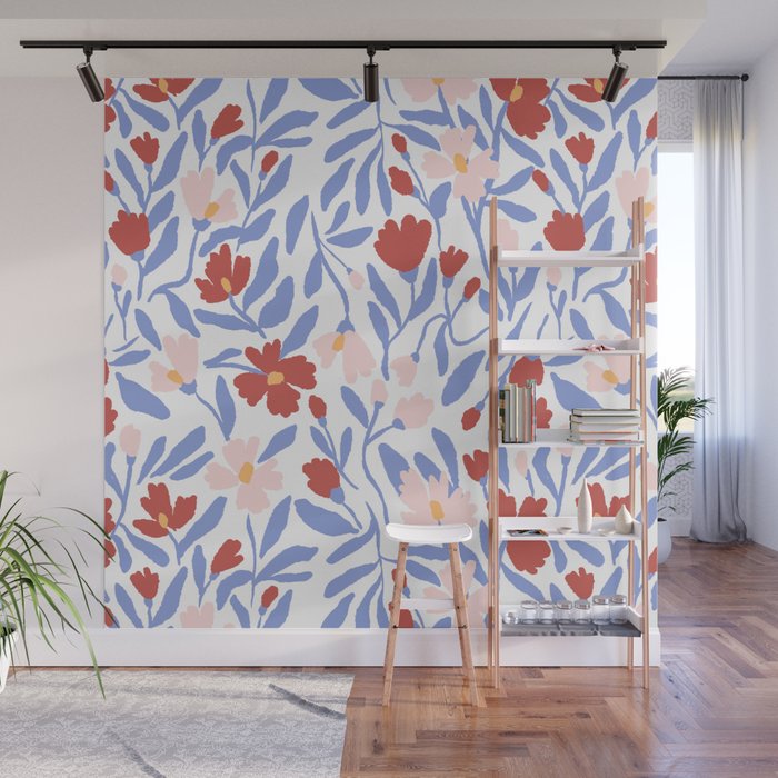 Blue and Orange vibrant bold flowers Wall Mural Gallery Image 1