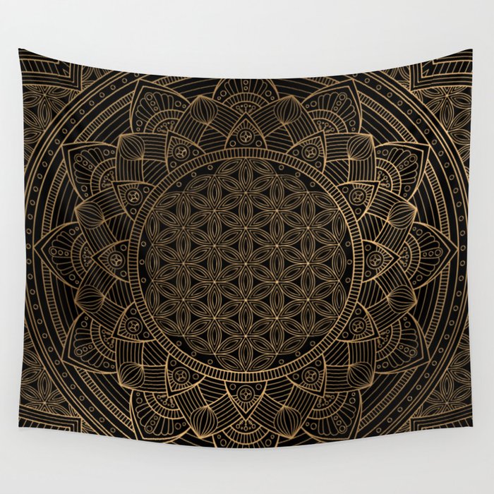 The Flower of Life Black Gold Mandala Wall Tapestry