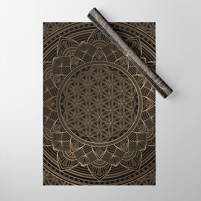 The Flower of Life Black Gold Mandala Wrapping Paper Gallery Image 1