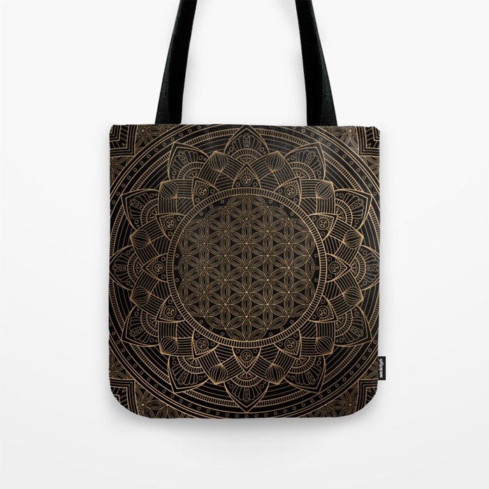 The Flower of Life Black Gold Mandala Tote Bag Gallery Image 1