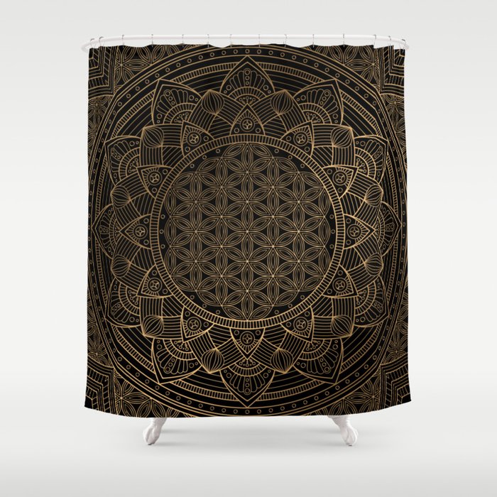 The Flower of Life Black Gold Mandala Shower Curtain Gallery Image 1