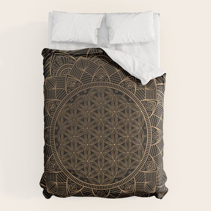 The Flower of Life Black Gold Mandala Duvet Cover Gallery Image 1