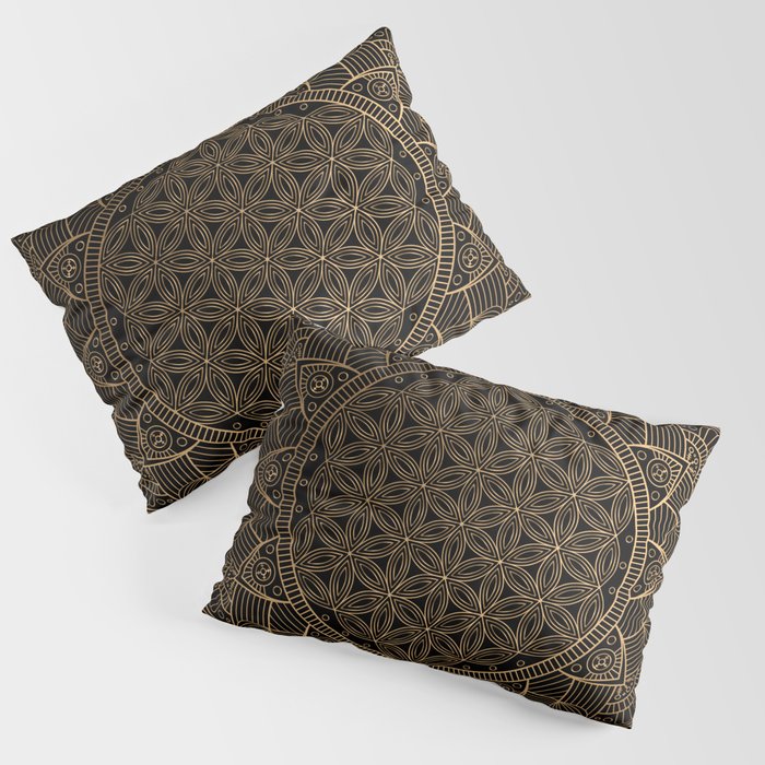 The Flower of Life Black Gold Mandala Pillow Sham Gallery Image 1