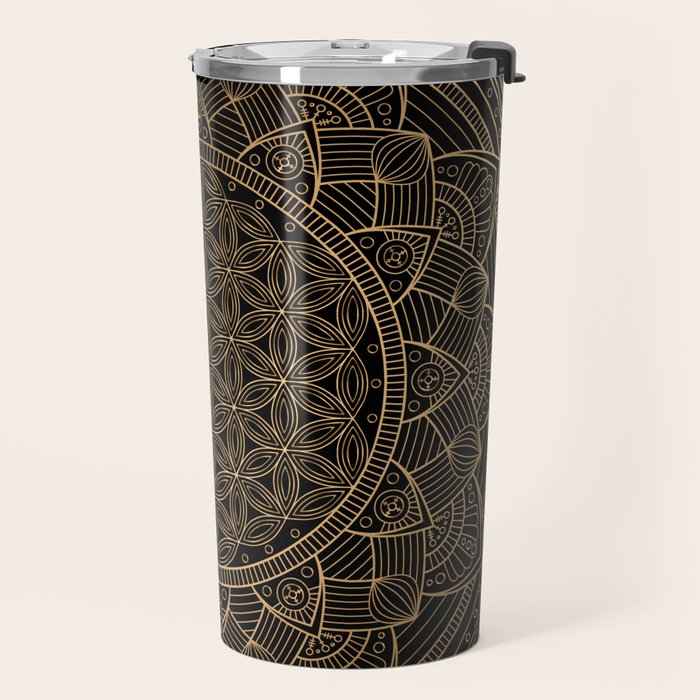 The Flower of Life Black Gold Mandala Travel Mug Gallery Image 2