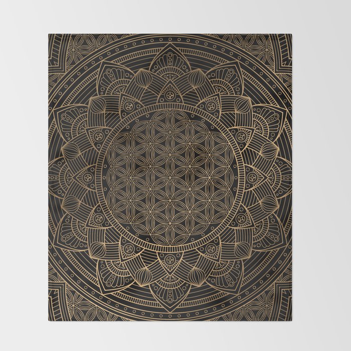 The Flower of Life Black Gold Mandala Throw Blanket Gallery Image 2