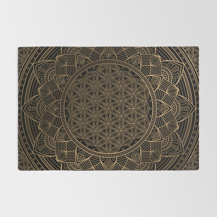 The Flower of Life Black Gold Mandala Rug Gallery Image 2