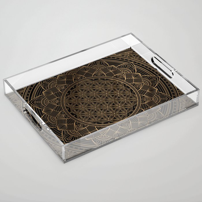 The Flower of Life Black Gold Mandala Acrylic Tray Gallery Image 1