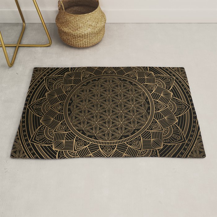 The Flower of Life Black Gold Mandala Rug Gallery Image 1