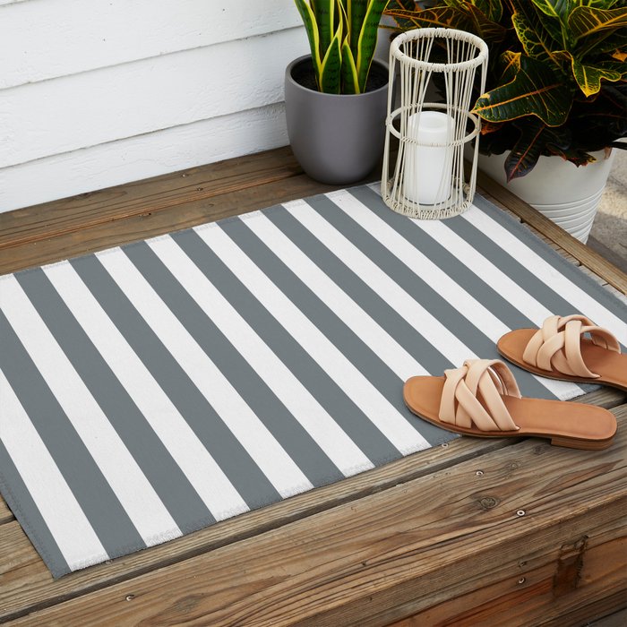 Large Smoke Grey and White Vertical Cabana Tent Stripes Outdoor Rug Gallery Image 2