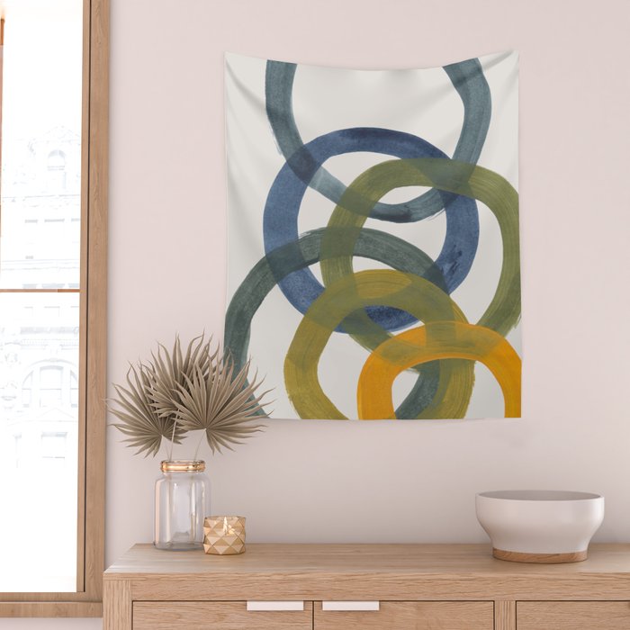 Minimalist Mid Century Modern Colorful Rings Navy Blue Yellow Olive Green Spirals by Ejaaz Haniff Wall Tapestry Gallery Image 2