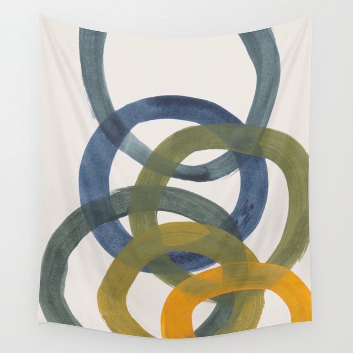 Minimalist Mid Century Modern Colorful Rings Navy Blue Yellow Olive Green Spirals by Ejaaz Haniff Wall Tapestry Gallery Image 4