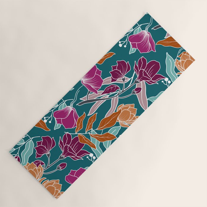 Colorful Floral Jungle, Green, Teal, Magenta and Orange, Flower Prints Yoga Mat Gallery Image 1