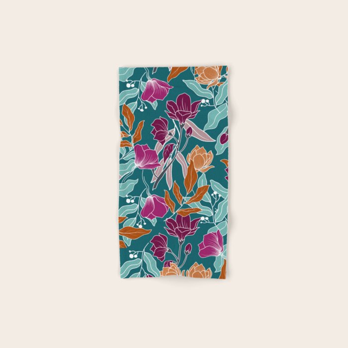 Colorful Floral Jungle, Green, Teal, Magenta and Orange, Flower Prints Bath Towel Gallery Image 1