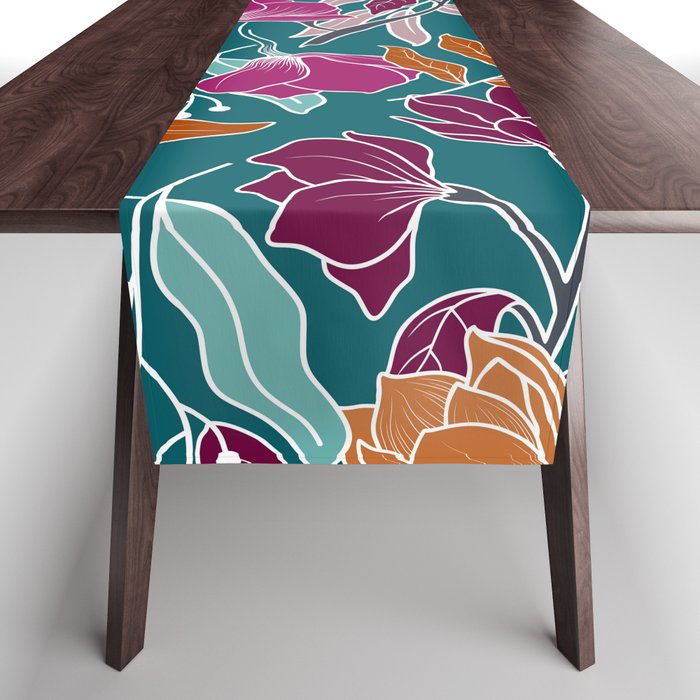 Colorful Floral Jungle, Green, Teal, Magenta and Orange, Flower Prints Table Runner Gallery Image 1