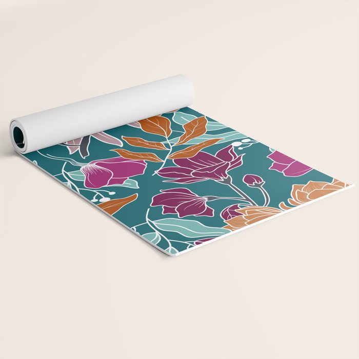 Colorful Floral Jungle, Green, Teal, Magenta and Orange, Flower Prints Yoga Mat Gallery Image 2