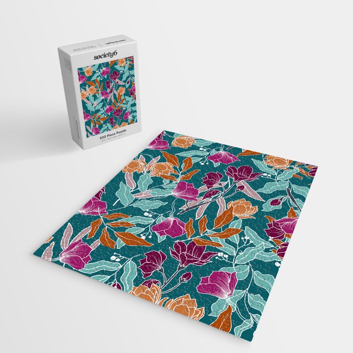 Colorful Floral Jungle, Green, Teal, Magenta and Orange, Flower Prints Jigsaw Puzzle Gallery Image 2