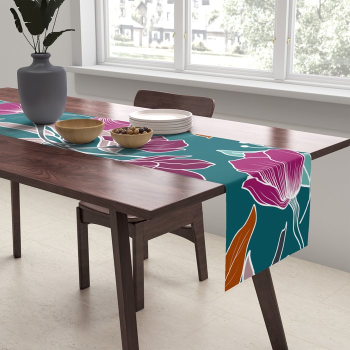 Colorful Floral Jungle, Green, Teal, Magenta and Orange, Flower Prints Table Runner Gallery Image 2