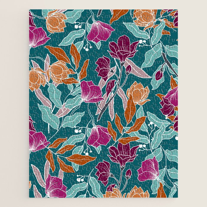 Colorful Floral Jungle, Green, Teal, Magenta and Orange, Flower Prints Jigsaw Puzzle Gallery Image 1