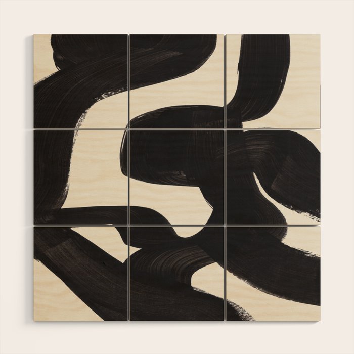 Mid Century Modern Minimalist Abstract Art Brush Strokes Black & White Ink Art Maze Wood Wall Art Gallery Image 1