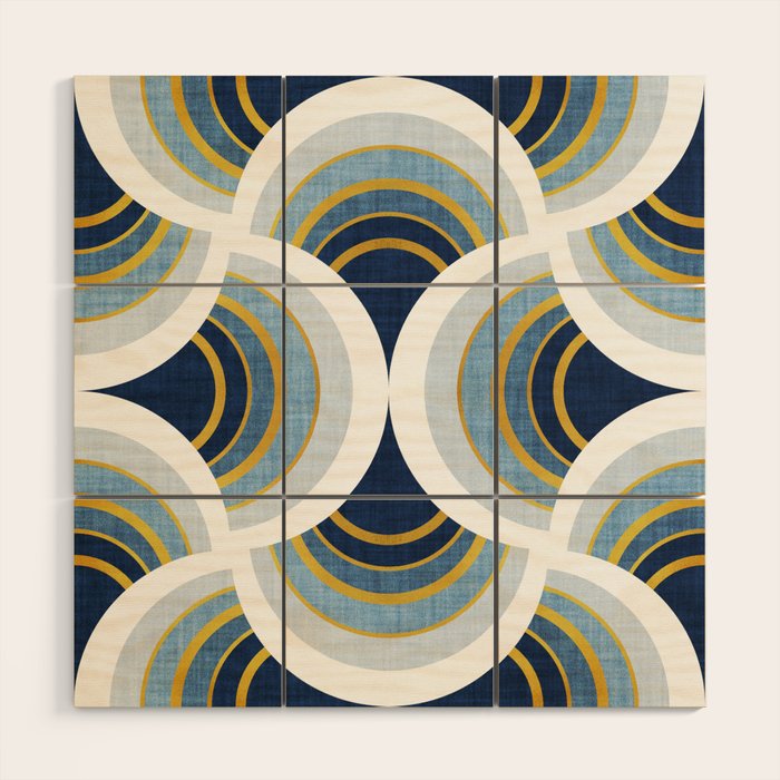 Art deco scallop elegance // blue geometric shapes golden textured lines Wood Wall Art Gallery Image 1