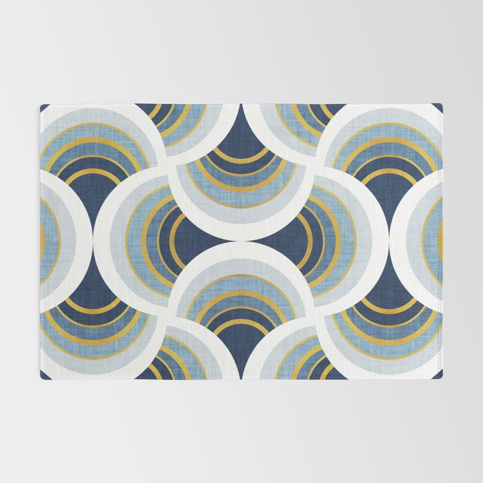 Art deco scallop elegance // blue geometric shapes golden textured lines Rug Gallery Image 2