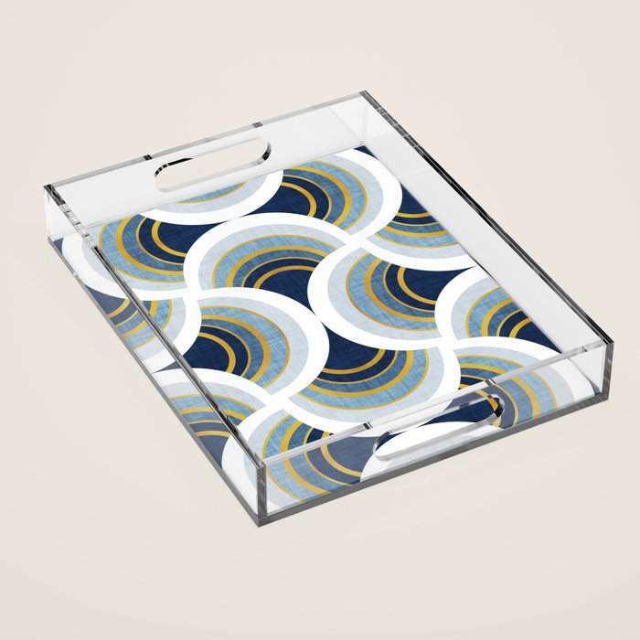 Art deco scallop elegance // blue geometric shapes golden textured lines Acrylic Tray Gallery Image 1
