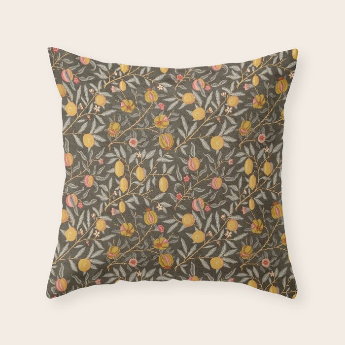 William Morris Vintage Pomegranate Fruit Walnut Bullrush Pattern  Throw Pillow Gallery Image 1