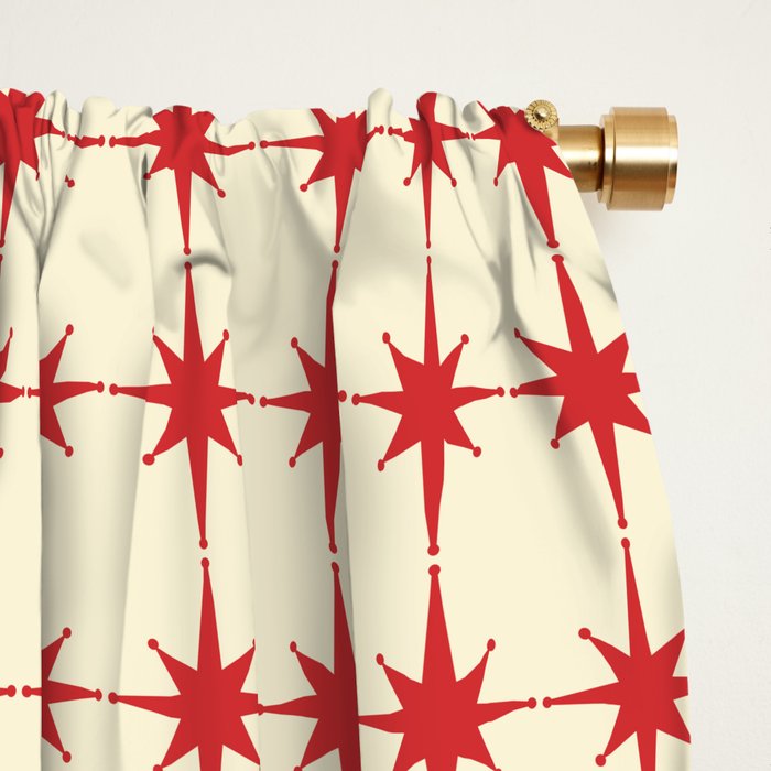 Mid Century Modern Atomic Stars Grid in Retro Christmas Red and Cream Window Curtain Gallery Image 2
