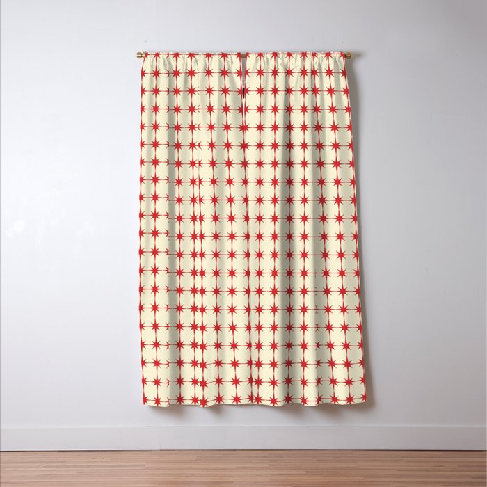 Mid Century Modern Atomic Stars Grid in Retro Christmas Red and Cream Window Curtain Gallery Image 3