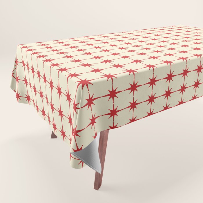 Mid Century Modern Atomic Stars Grid in Retro Christmas Red and Cream Tablecloth