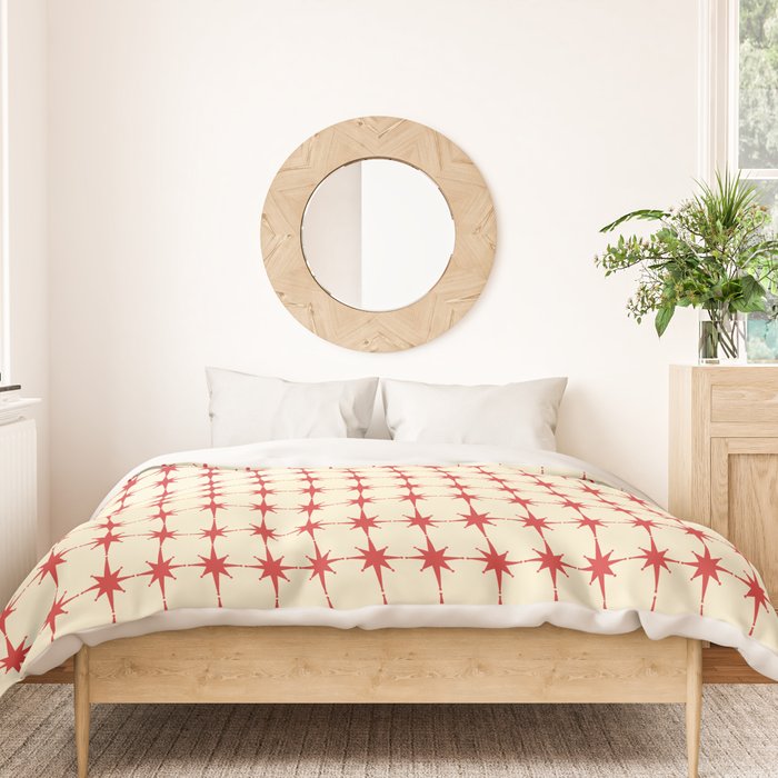 Mid Century Modern Atomic Stars Grid in Retro Christmas Red and Cream Duvet Cover Gallery Image 3