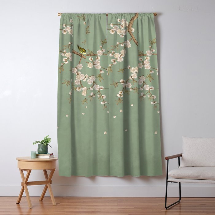 Chinoiserie Sage Green Cherry Blossom Bird Garden Window Curtain Gallery Image 1