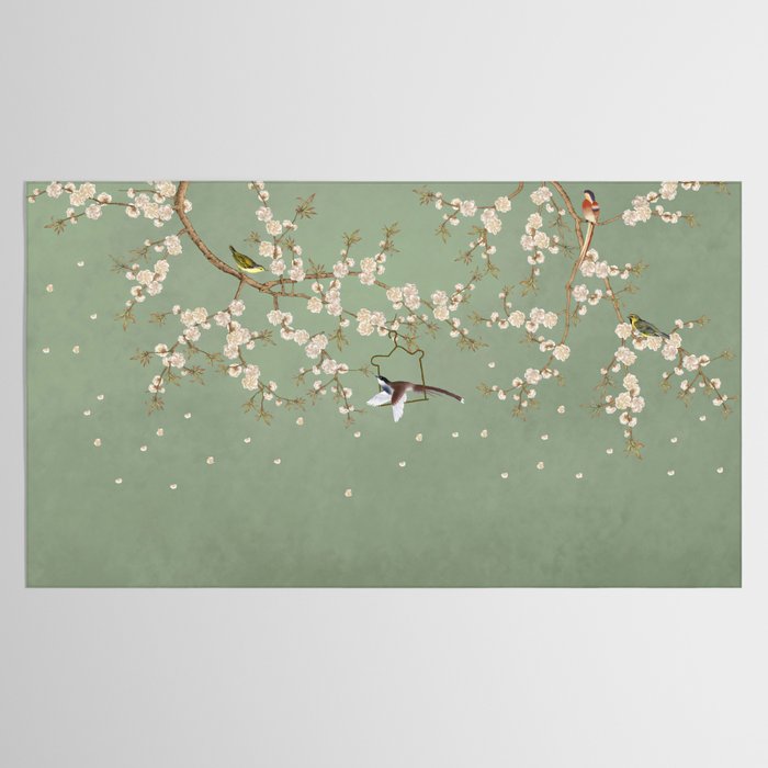 Chinoiserie Sage Green Cherry Blossom Bird Garden Tablecloth Gallery Image 2