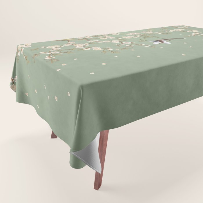 Chinoiserie Sage Green Cherry Blossom Bird Garden Tablecloth Gallery Image 1
