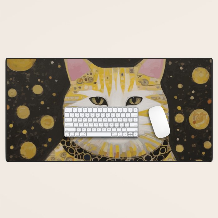 Beautiful Klimt Cat with Pink Nose and Ears Desk Mat Gallery Image 1